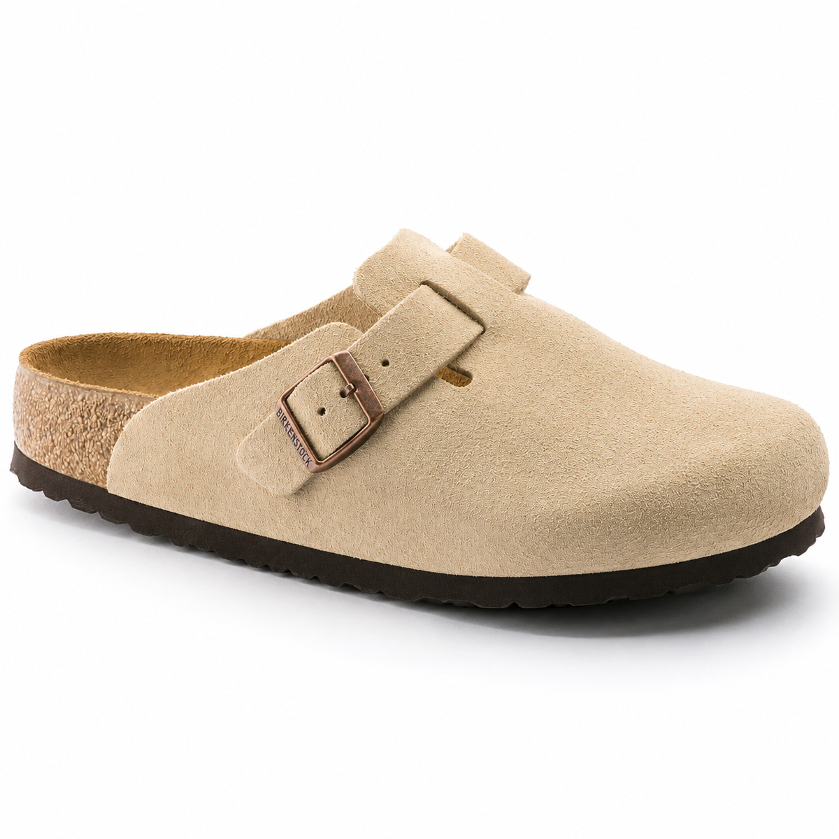 Birkenstock Boston clog sandfarvet ruskind – sideprofil 