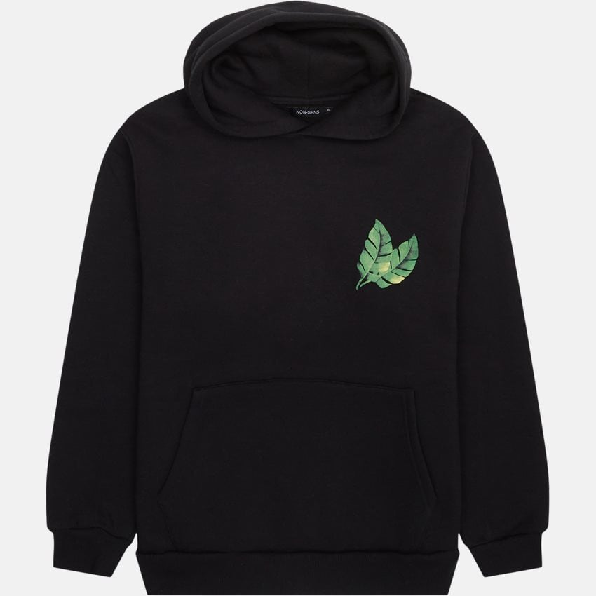 Montana Hoodie Black fra NON-SENS med grøn-blad print på brystet – frontvisning