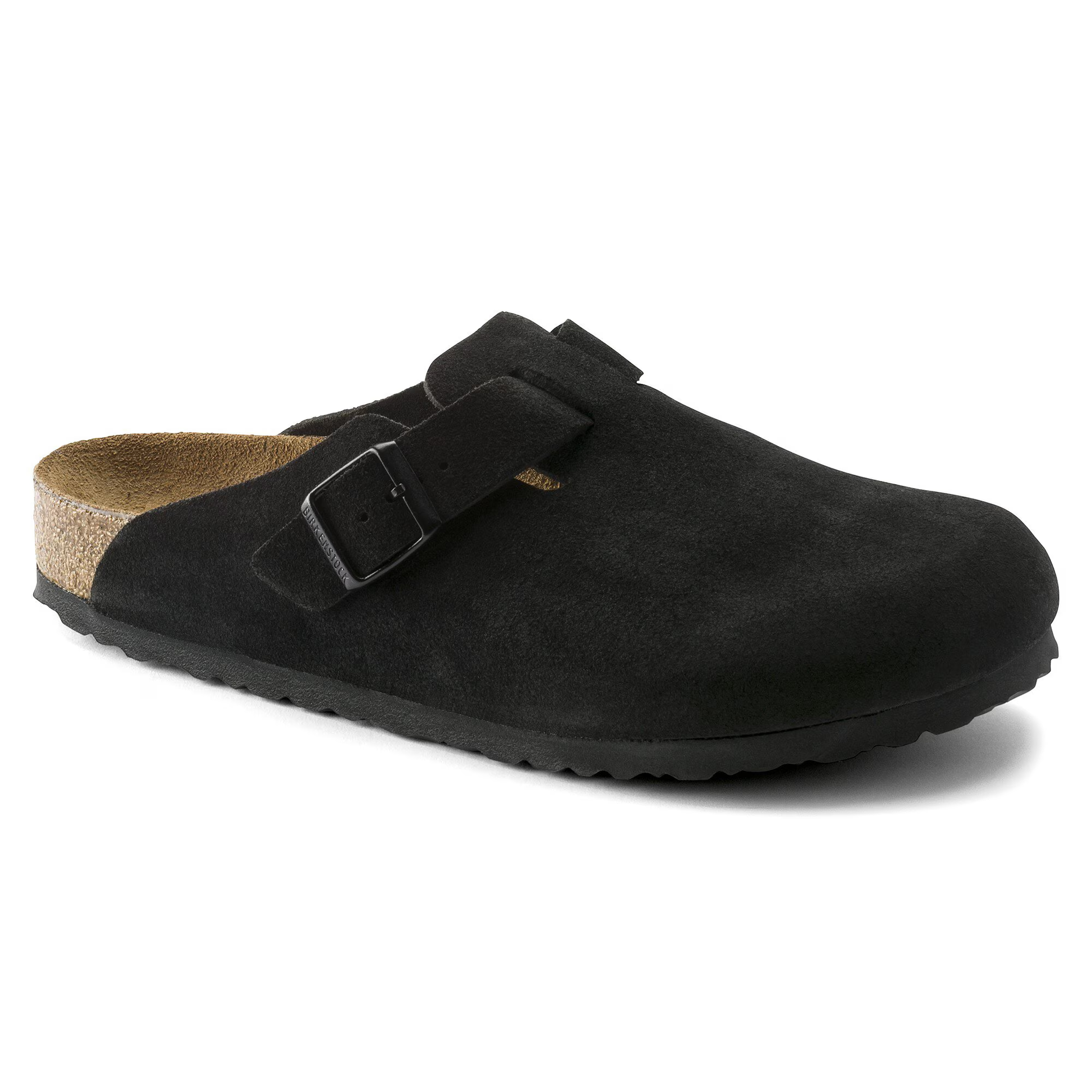 Birkenstock Boston clog i sort ruskind – sideprofil
