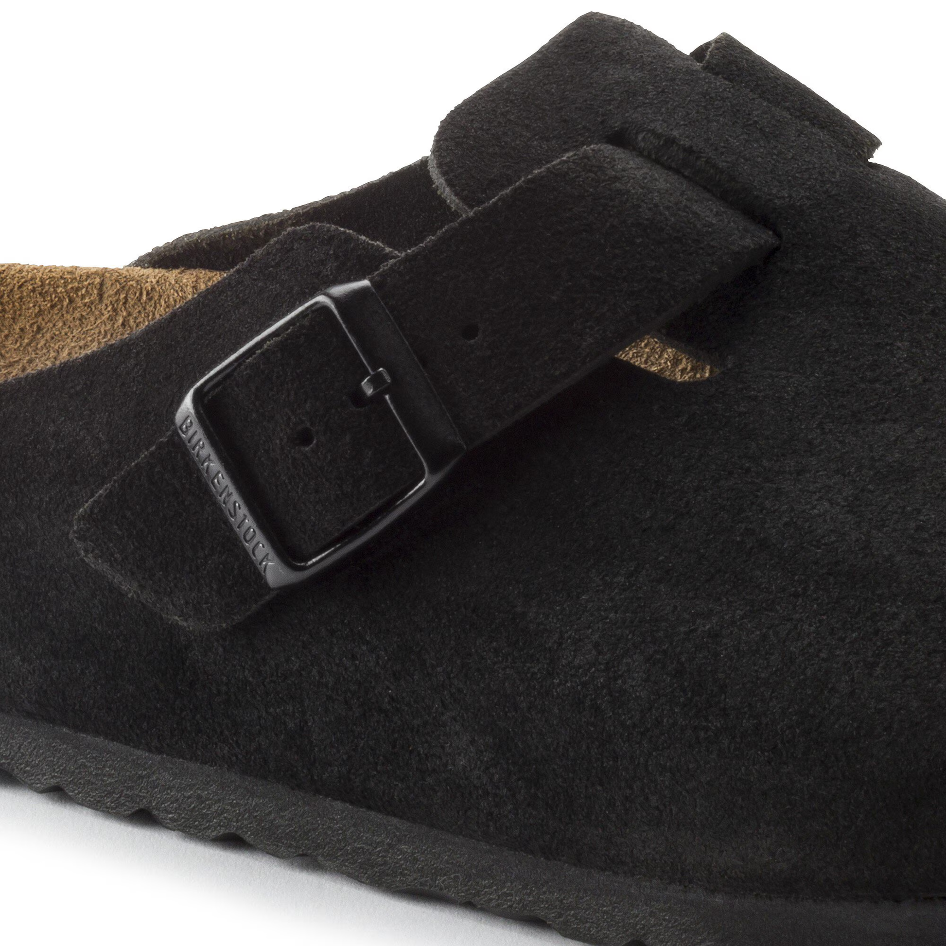 Birkenstock Boston sort – topview med spændet synligt