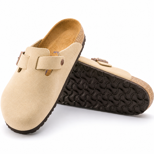 Birkenstock Boston sand – frontvinkel med spænde og hæl