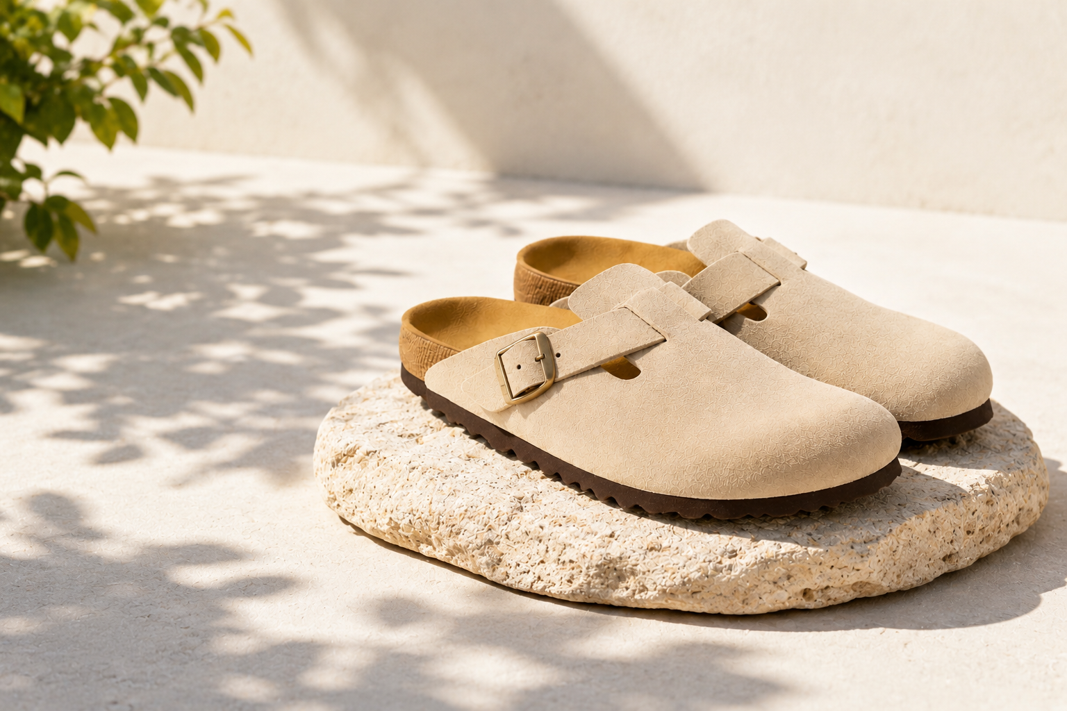 Birkenstock Boston i farven Sand i et lyst sommermiljø med naturligt sollys.