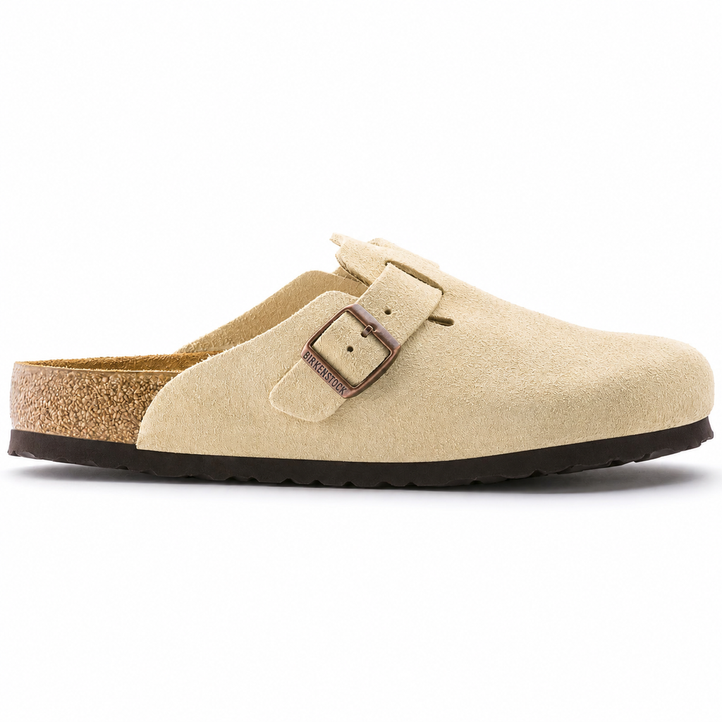 Birkenstock Boston clog i sand ruskind – klassisk pasform og komfort