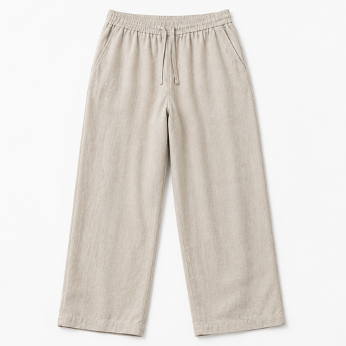 Beige unisex hørbukser i 100% hør – afslappet pasform set forfra