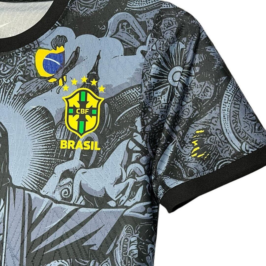 Close-up af Nike Brasil concept shirt med CBF Brasil logo og detaljeret grafik på ærme