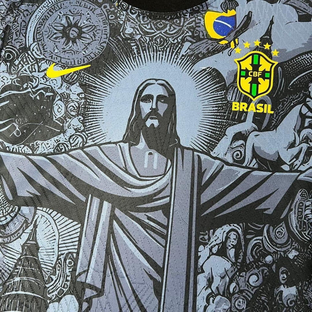 Detaljebillede af Nike Brasil concept shirt med Christ the Redeemer grafik og broderede logoer