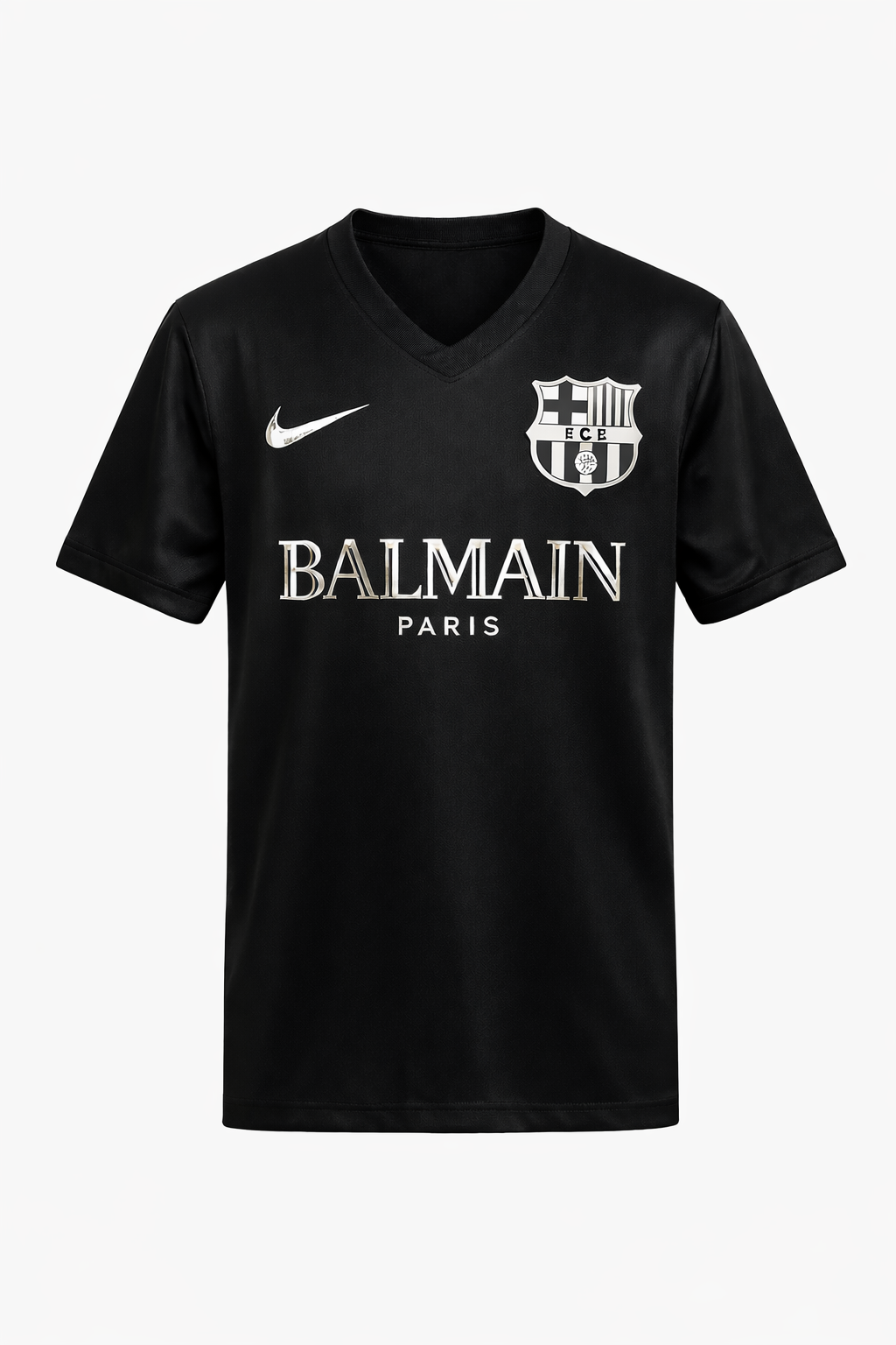 Nike FC Barcelona x Balmain Paris black football jersey front view with white Nike swoosh and FC Barcelona crest