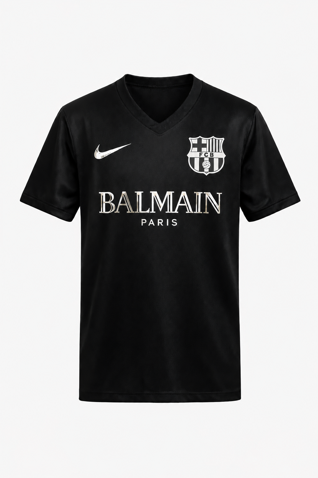 Nike FC Barcelona x Balmain Paris black football jersey front view with white Nike swoosh and FC Barcelona crest