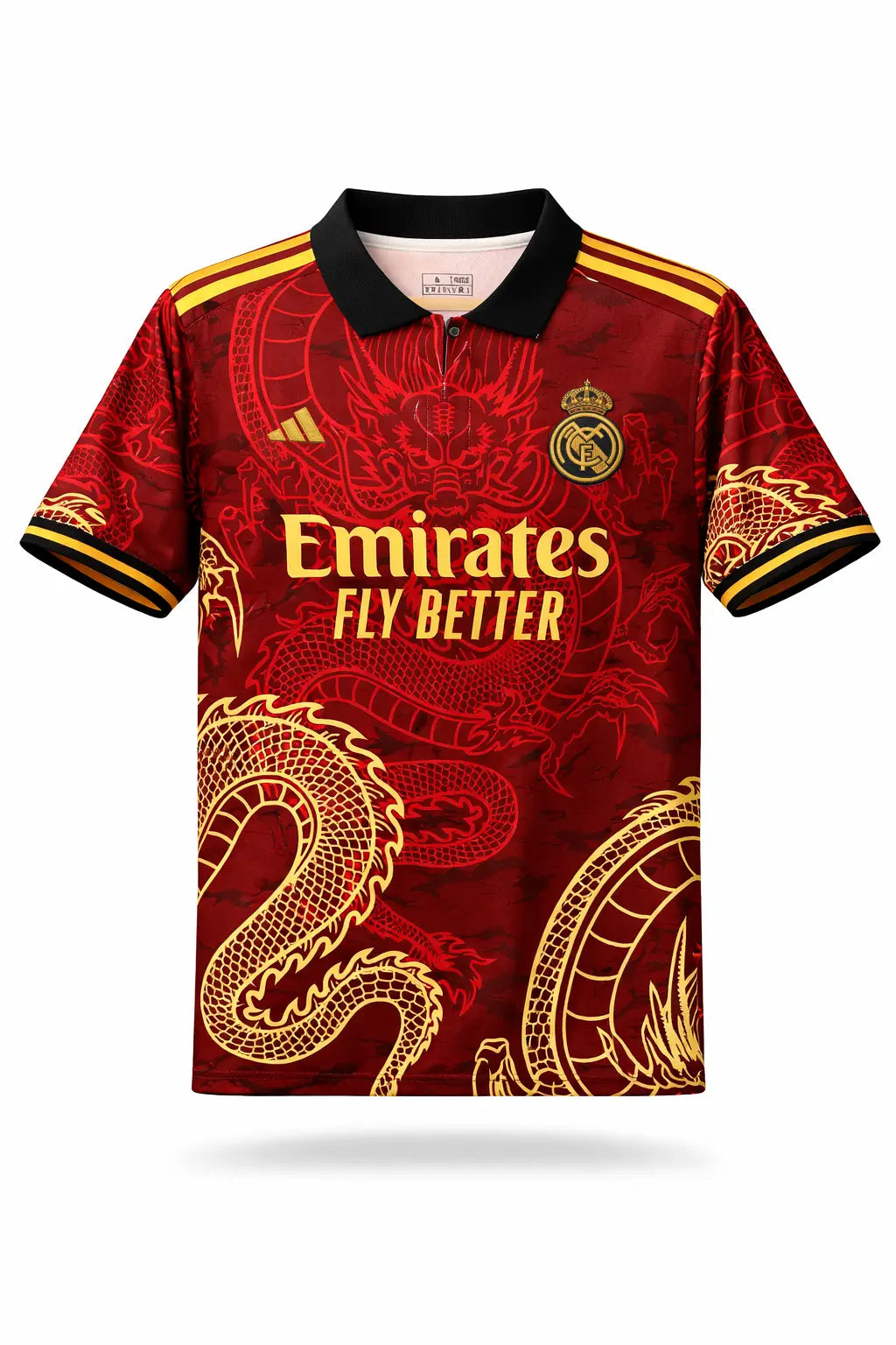 Real Madrid dragon jersey rød og guld front med detaljeret drage design og Adidas logo