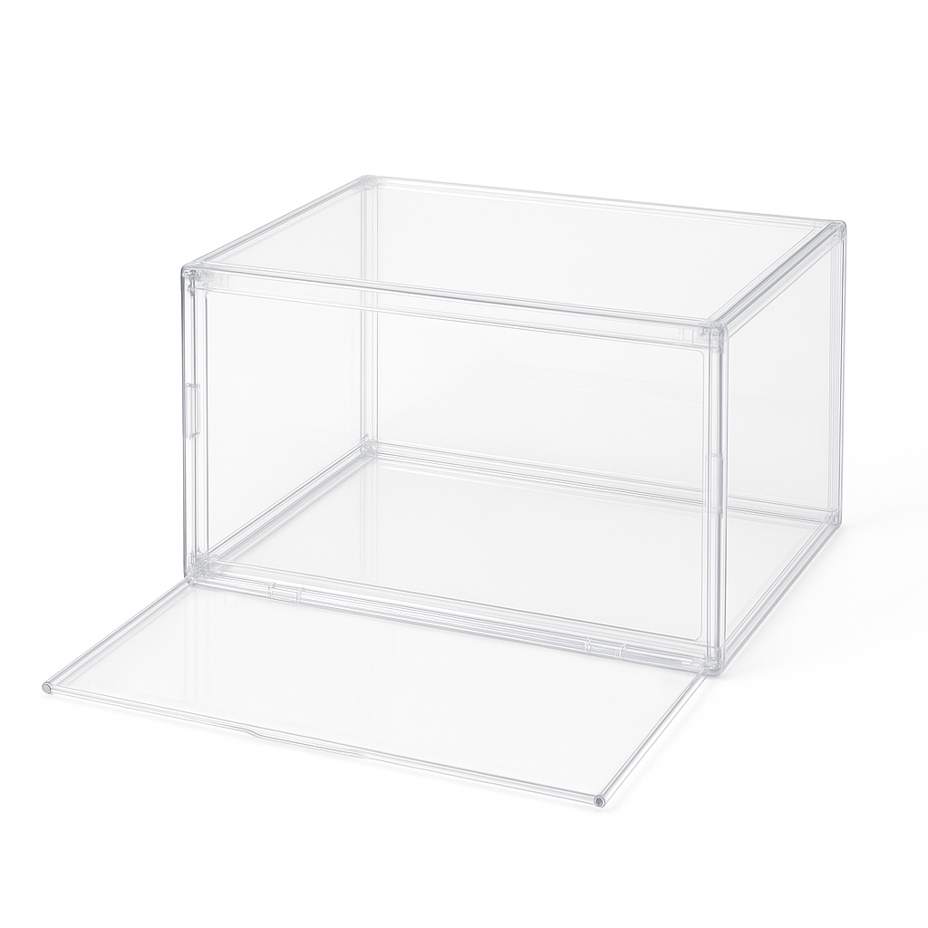 Gennemsigtig sneaker opbevaringsboks åbnet fra front med magnetlås, stablebar design, 36x27x21 cm