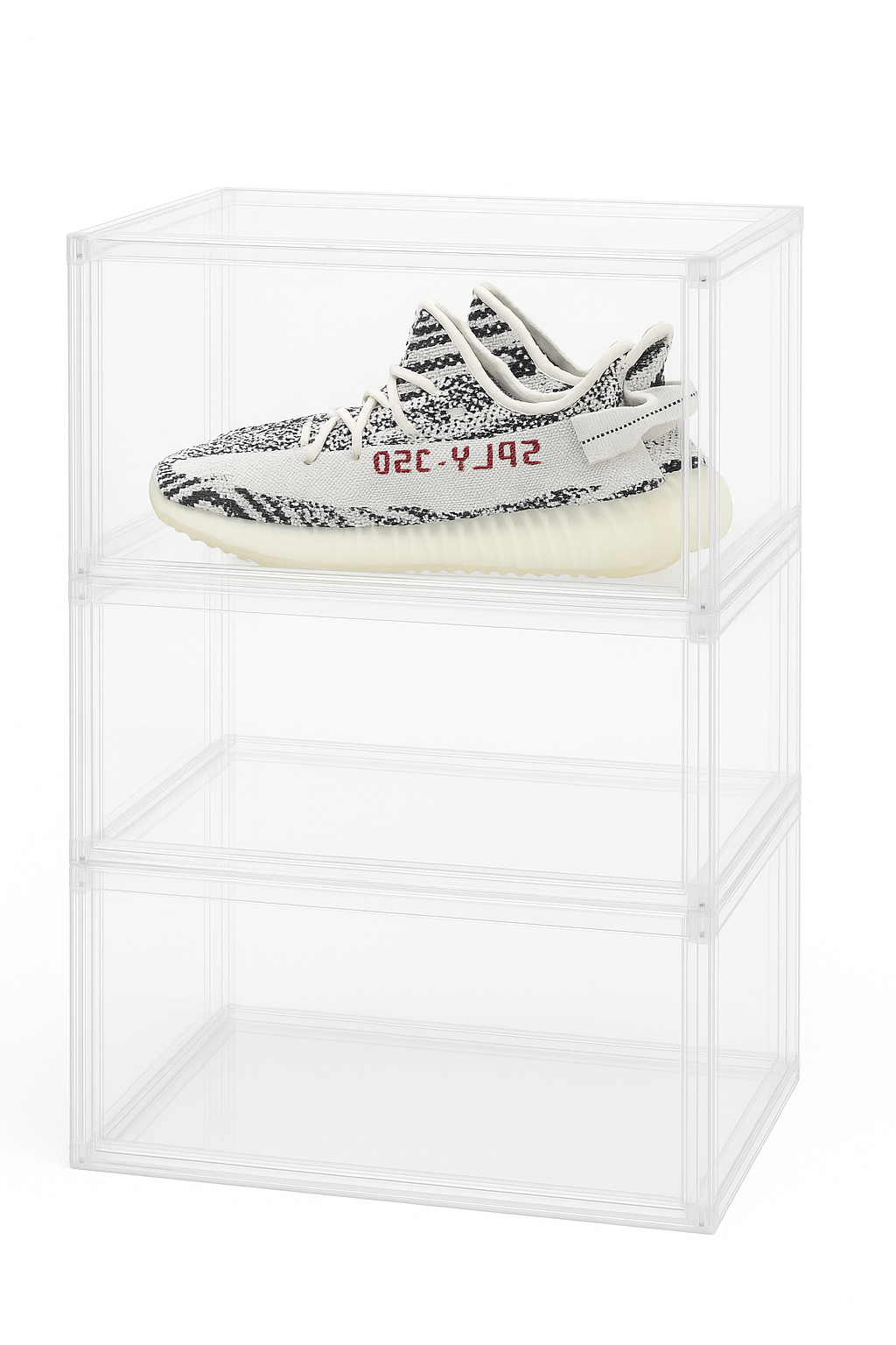 Gennemsigtig sneaker opbevaringsboks med Yeezy sneakers, stablebar design, magnetlås, 36x27x21 cm